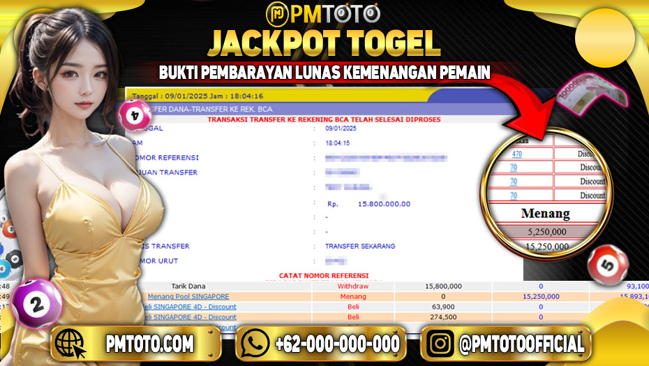 Selamat Kepada Member PMTOTO JACKPOT SINGAPORE Rp.15.800.000.,- LUNAS