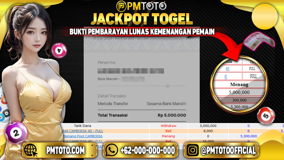 Selamat Kepada Member PMTOTO JACKPOT CAMBODIA Rp.5.000.000.,- LUNAS