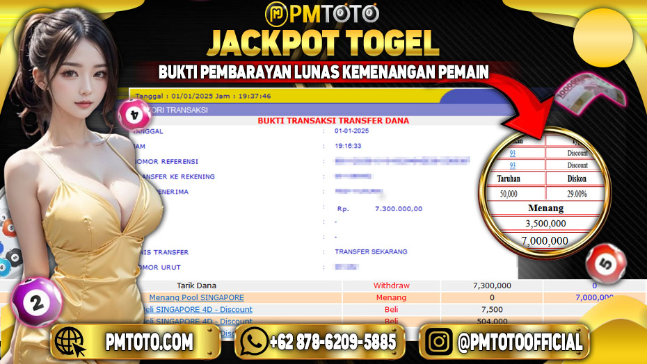 Selamat Kepada Member PMTOTO JACKPOT SINGAPORE Rp.7.300.000.,- LUNAS