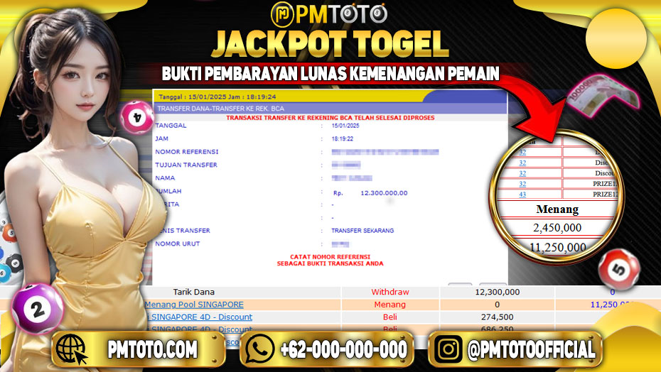 Selamat Kepada Member PMTOTO JACKPOT SINAGPORE Rp.12.300.000.,- LUNAS