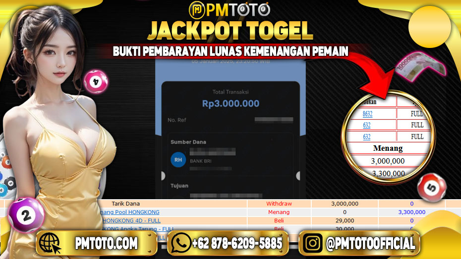 Selamat Kepada Member PMTOTO JACKPOT HONGKONG Rp.3.000.000.,- LUNAS