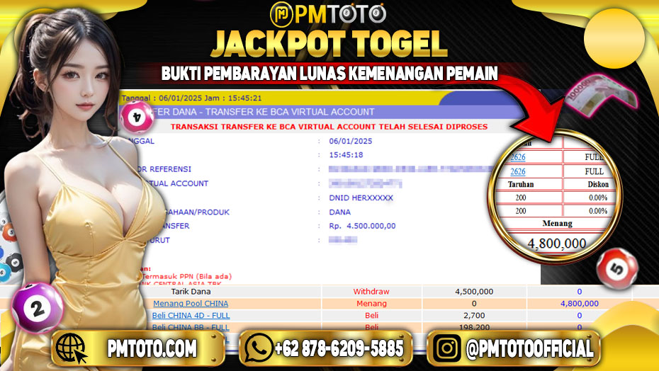 Selamat Kepada Member PMTOTO JACKPOT CHINA Rp.4.500.000.,- LUNAS