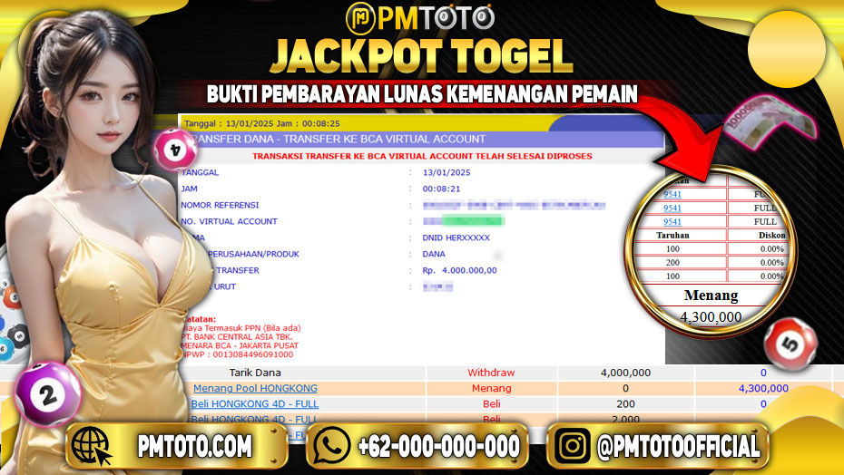 Selamat Kepada Member PMTOTO JACKPOT HONGKONG Rp.4.000.000.,- LUNAS