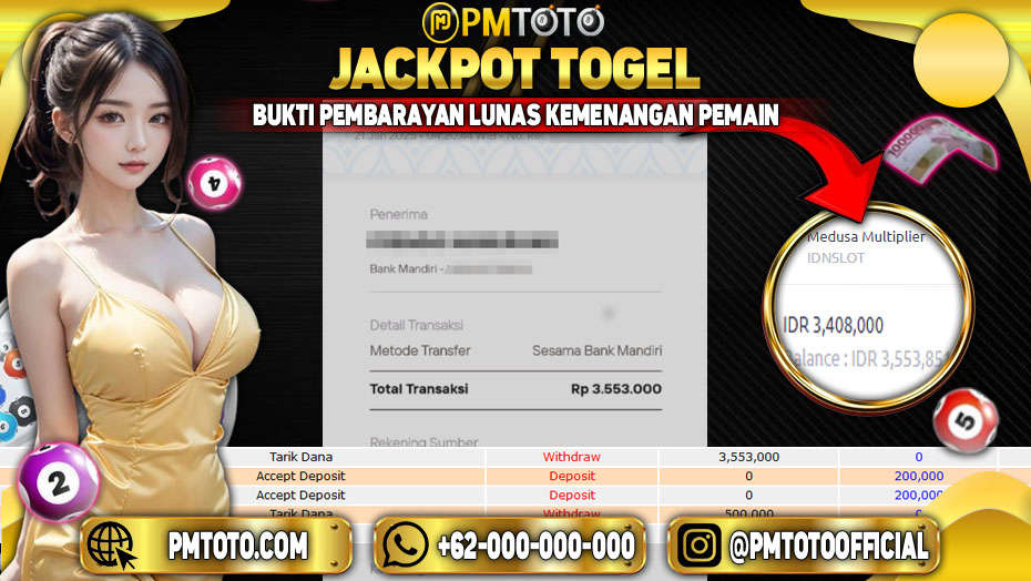 Selamat Kepada Member PMTOTO JACKPOT MEDUSA MULTIPLIER Rp.3.553.000.,- LUNAS