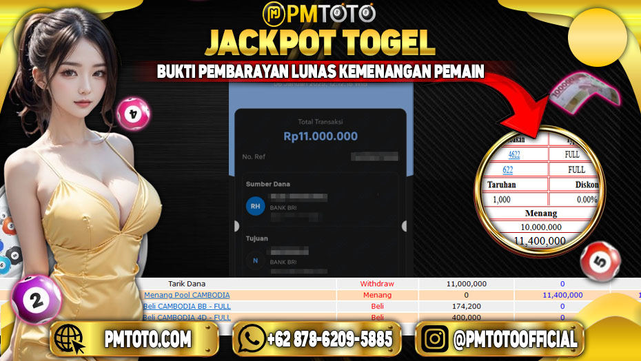 Selamat Kepada Member PMTOTO JACKPOT CAMBODIA Rp.11.000.000.,- LUNAS