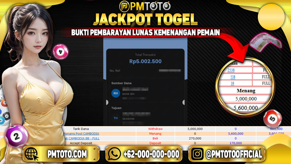 Selamat Kepada Member PMTOTO JACKPOT CAMBODIA Rp.5.000.000.,- LUNAS