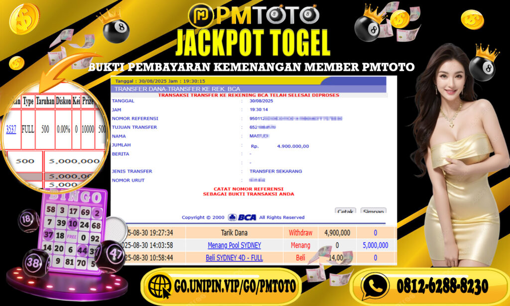 Selamat Kepada Member PMTOTO JACKPOT SYDNEY Rp.4.900.000.,- LUNAS