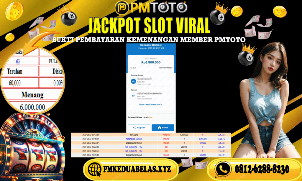Selamat Kepada Member PMTOTO JACKPOT TAIWAN Rp.6.500.000.,- LUNAS