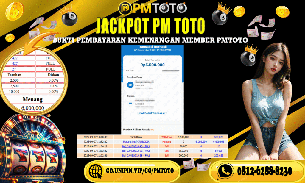 Selamat Kepada Member PMTOTO JACKPOT CAMBODIA Rp.5.500.000.,- LUNAS