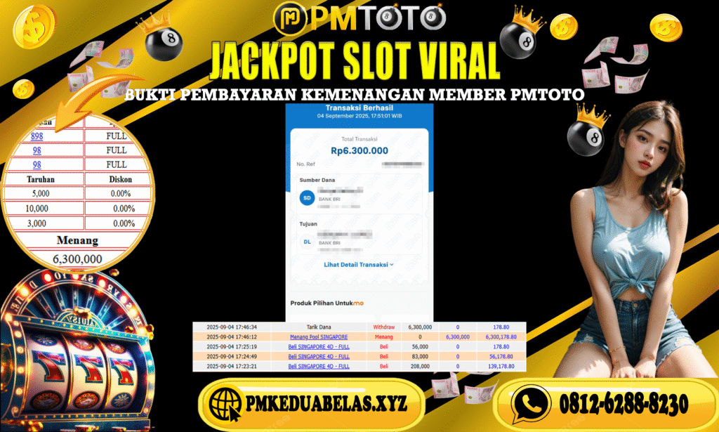 Selamat Kepada Member PMTOTO JACKPOT SINGAPORE Rp.6.300.000.,- LUNAS