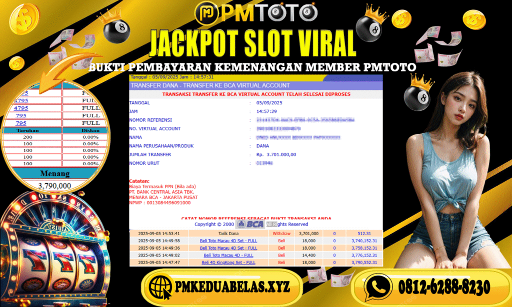 Selamat Kepada Member PMTOTO JACKPOT TOTO MACAU 4D Rp.3.701.000.,- LUNAS