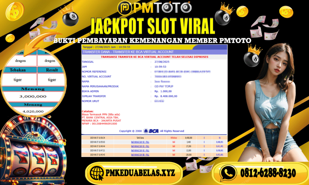Selamat Kepada Member PMTOTO JACKPOT DRAGON TIGER Rp.8.408.000.,- LUNAS